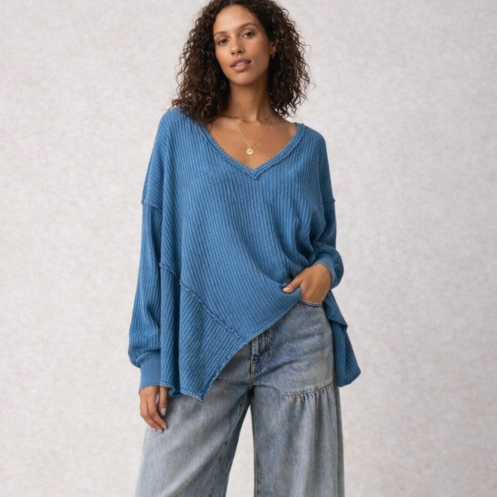 Free People We The Free Coraline Thermal Knit Top | Legion Blue | Size S